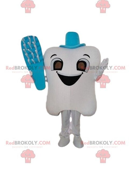 White tooth REDBROKOLY mascot with a pink brush, tooth costume / REDBROKO_08620