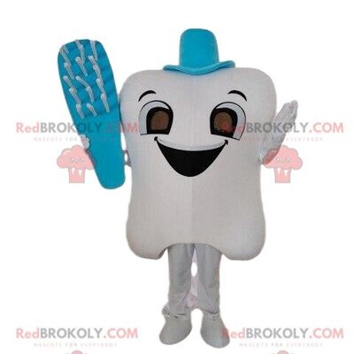 White tooth REDBROKOLY mascot with a pink brush, tooth costume / REDBROKO_08620