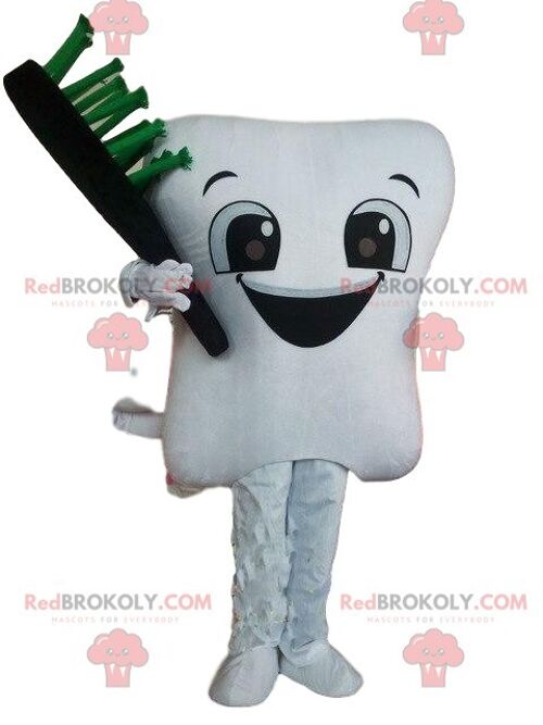 White tooth REDBROKOLY mascot with a toothbrush, tooth costume / REDBROKO_08621