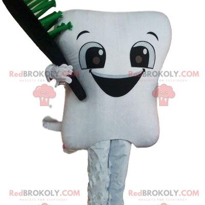 White tooth REDBROKOLY mascot with a toothbrush, tooth costume / REDBROKO_08621