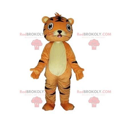 Yellow tiger REDBROKOLY mascot in colorful outfit, baby tiger costume / REDBROKO_08637