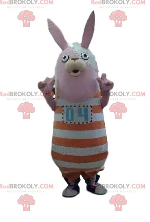Rabbit REDBROKOLY mascot with a striped outfit, plush bunny / REDBROKO_08749