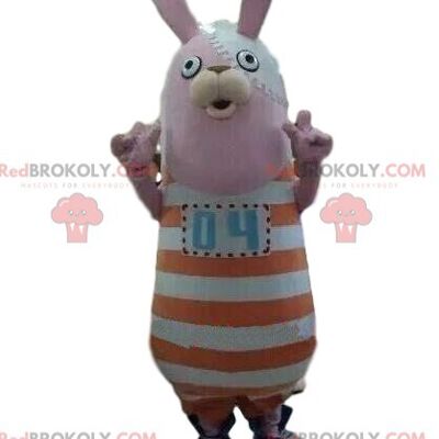 Rabbit REDBROKOLY mascot with a striped outfit, plush bunny / REDBROKO_08749