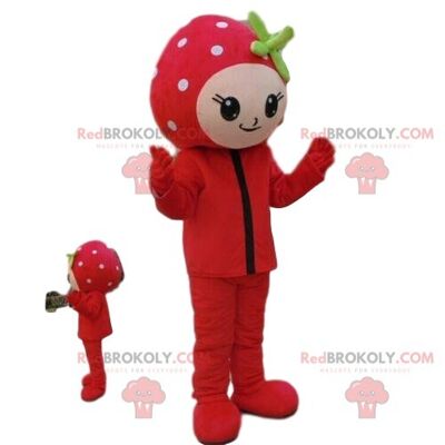 Mascotte REDBROKOLY fragola gigante e sorridente, costume da frutta rossa / REDBROKO_08838