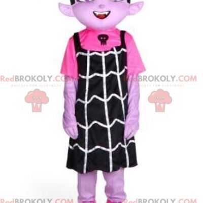 Dog REDBROKOLY mascot in purple outfit. Colorful bitch costume / REDBROKO_08956