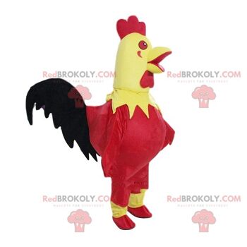 Mascotte de coq blanc, rouge et jaune REDBROKOLY, costume de ferme / REDBROKO_09273