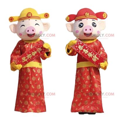 2 mascottes cochon REDBROKOLY en tenue asiatique, Mascottes REDBROKOLY asiatique / REDBROKO_09521