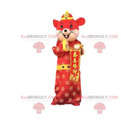 Mascota del ratón REDBROKOLY vestida con traje asiático, mascota festiva de REDBROKOLY / REDBROKO_09791