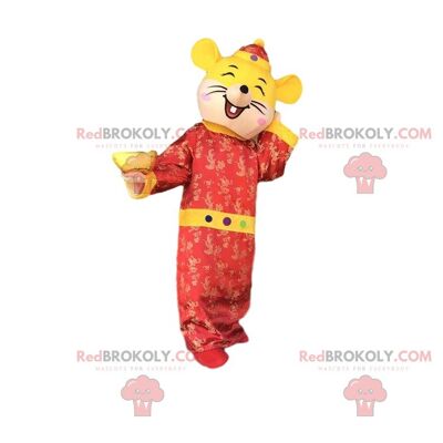 Ratón rojo y amarillo Mascota REDBROKOLY en traje asiático / REDBROKO_09792