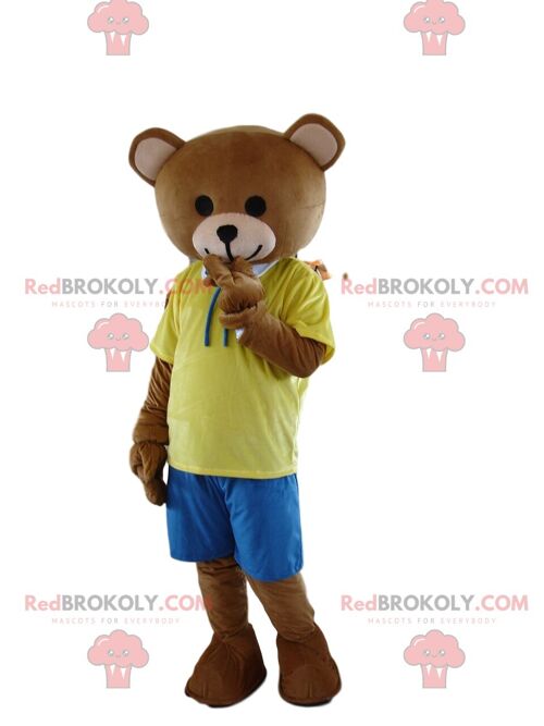 3 brown teddy bear REDBROKOLY mascots dressed in yellow, bear costumes / REDBROKO_09805