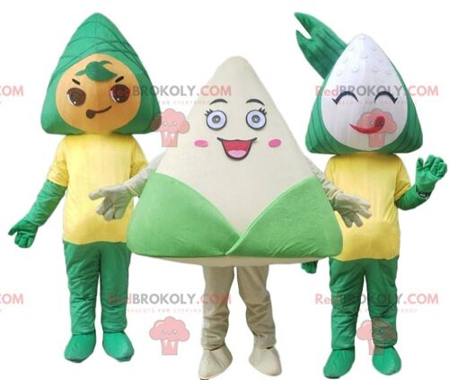 3 Zongzi REDBROKOLY mascots, traditional food costumes / REDBROKO_09850