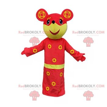 Mascotte de souris grise et blanche REDBROKOLY en tenue asiatique rouge / REDBROKO_09876