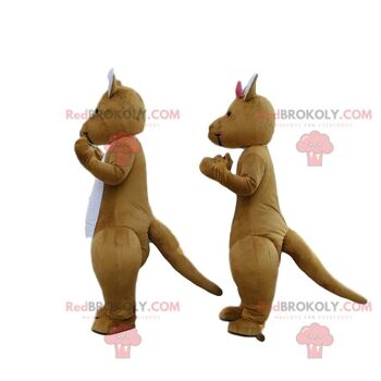 2 mascottes REDBROKOLY de kangourous marron et blanc, couple de kangourous / REDBROKO_09939