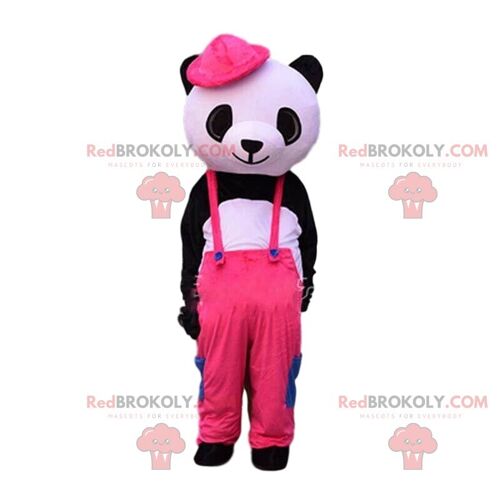 Black and white panda REDBROKOLY mascot with a pink hat / REDBROKO_010163