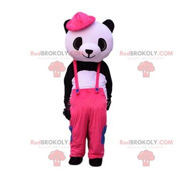 Mascotte de panda noir et blanc REDBROKOLY avec un chapeau rose / REDBROKO_010163