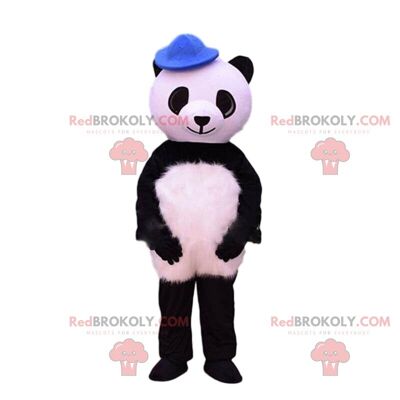 Mascotte de panda noir et blanc REDBROKOLY habillé en salopette rose / REDBROKO_010164