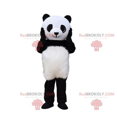 Mascotte de panda noir et blanc REDBROKOLY avec un chapeau bleu / REDBROKO_010165