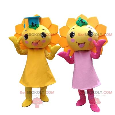 2 mascottes REDBROKOLY de fleurs jaunes, costumes de tournesols géants / REDBROKO_010217