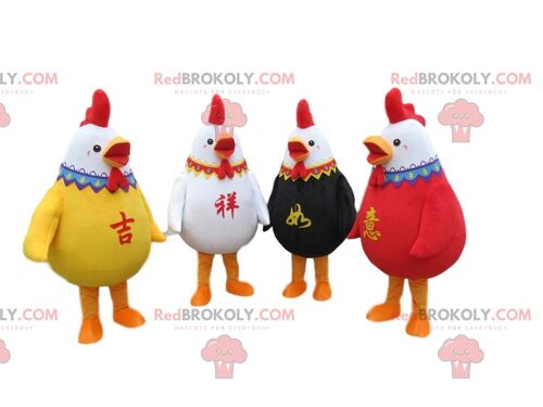 4 REDBROKOLY mascots of golden roosters, costumes of large golden hens / REDBROKO_010227