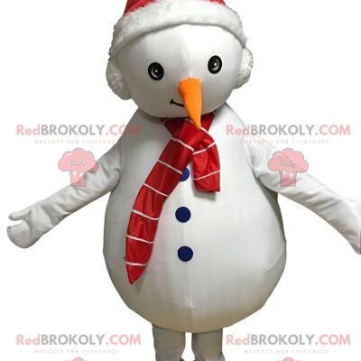 Mascotte de bonhomme de neige blanc REDBROKOLY avec un bonnet et une écharpe / REDBROKO_010286