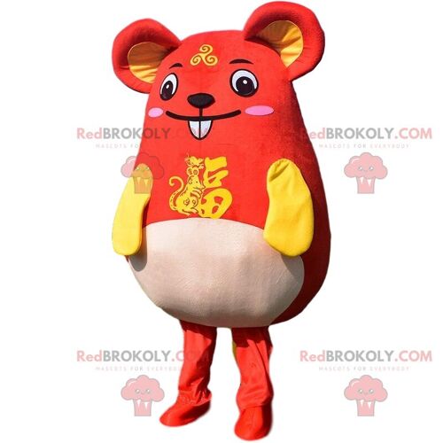 Very smiling red and yellow mouse REDBROKOLY mascot. Asian costume / REDBROKO_010295