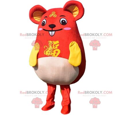 Sehr lächelndes rotes und gelbes Maus-REDBROKOLY-Maskottchen. Asiatisches Kostüm / REDBROKO_010295