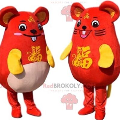 Sehr lustiges rotes und gelbes Maus-REDBROKOLY-Maskottchen. Asiatisches Kostüm / REDBROKO_010296