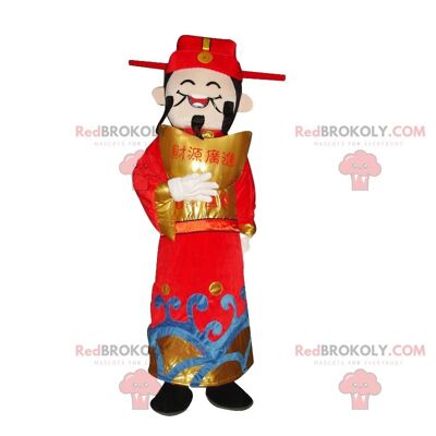 Asiatischer Mann REDBROKOLY Maskottchen, Gott des Reichtums, asiatische Tracht / REDBROKO_010324