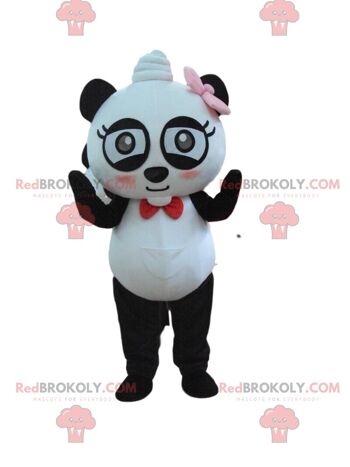 Mascotte de panda noir et blanc REDBROKOLY avec un bandana rouge / REDBROKO_010336