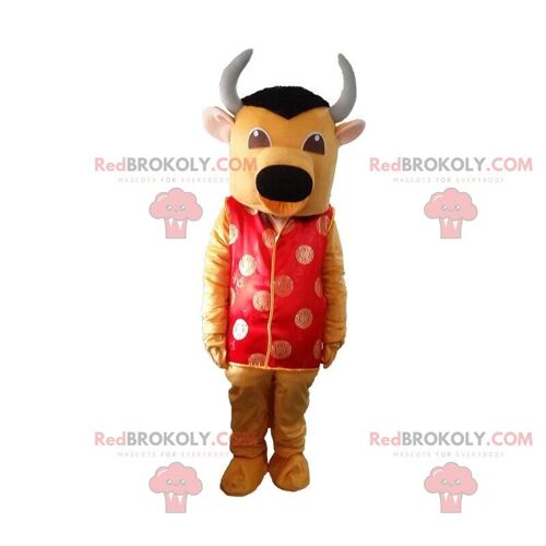 Brown cow REDBROKOLY mascot with headphones, bull costume / REDBROKO_010340