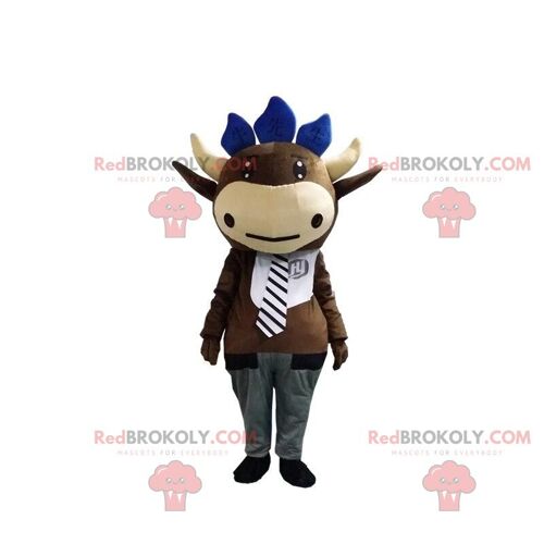 Yellow buffalo REDBROKOLY mascot with big horns and overalls / REDBROKO_010344