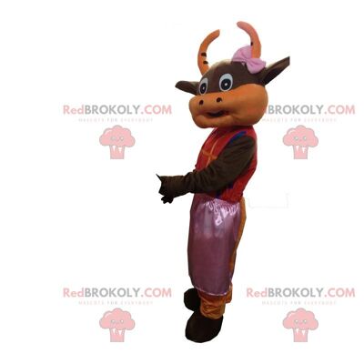 Vaca marrón y naranja mascota REDBROKOLY vestida de rojo / REDBROKO_010347