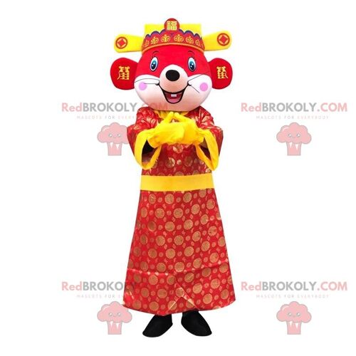 Brown and orange cow REDBROKOLY mascot dressed in a pink dress / REDBROKO_010348