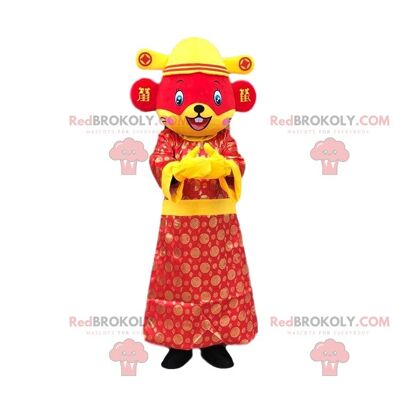 La mascota del ratón rojo REDBROKOLY vestida con un colorido atuendo asiático / REDBROKO_010349