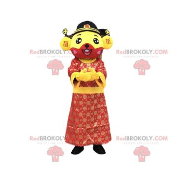 Mascotte de souris rouge et jaune REDBROKOLY habillée d'une tenue asiatique / REDBROKO_010350