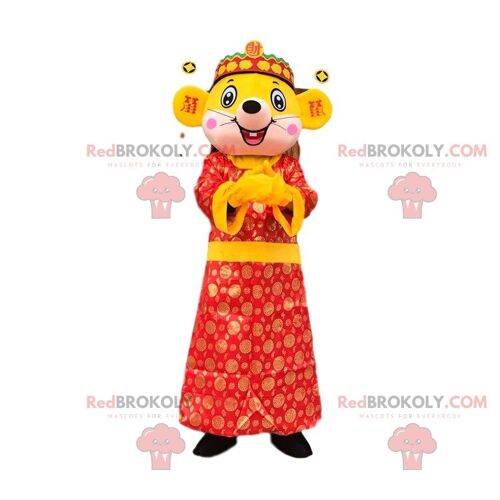 Yellow and red mouse REDBROKOLY mascot dressed in an Asian tunic / REDBROKO_010351
