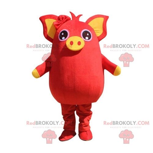 Yellow and red pig REDBROKOLY mascot, plump and entertaining / REDBROKO_010358