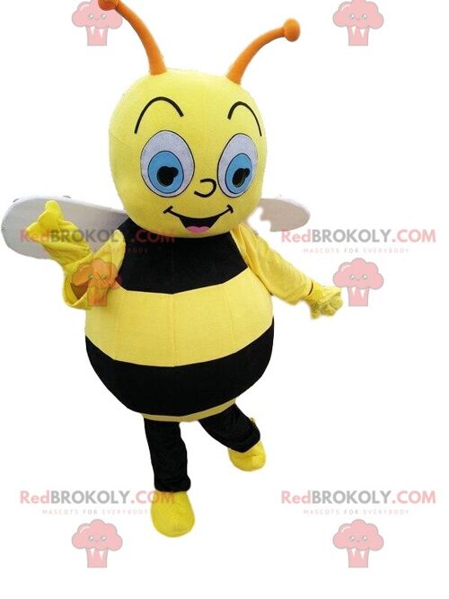 Yellow and black bee REDBROKOLY mascot, smiling wasp costume / REDBROKO_010378