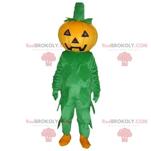 Pumpkin REDBROKOLY mascot with a black cape, Halloween costume / REDBROKO_010385