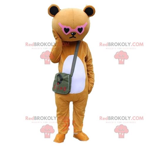 Brown and white sulky teddy bear costume with glasses / REDBROKO_010404