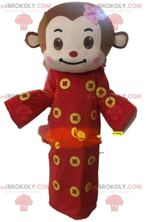 Brown monkey REDBROKOLY mascot with a red and white scarf / REDBROKO_010682