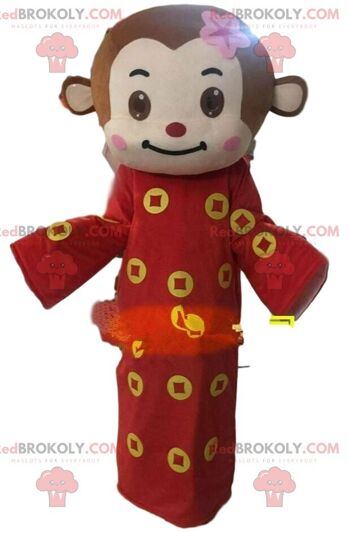 Mascotte de singe marron REDBROKOLY avec un foulard rouge et blanc / REDBROKO_010682