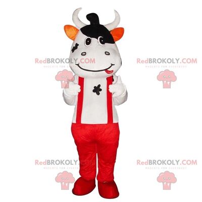 Cow REDBROKOLY mascot with jeans and suspenders. Giant cowhide / REDBROKO_010725