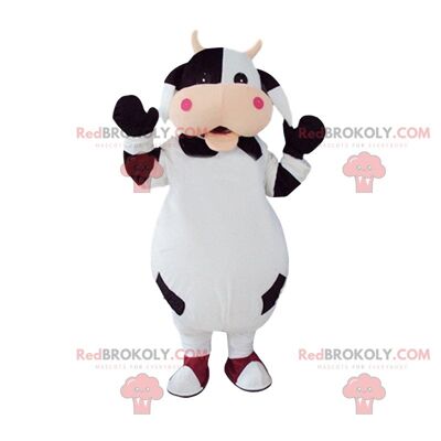 White cow REDBROKOLY mascot with a dress, pink cow costume / REDBROKO_010727