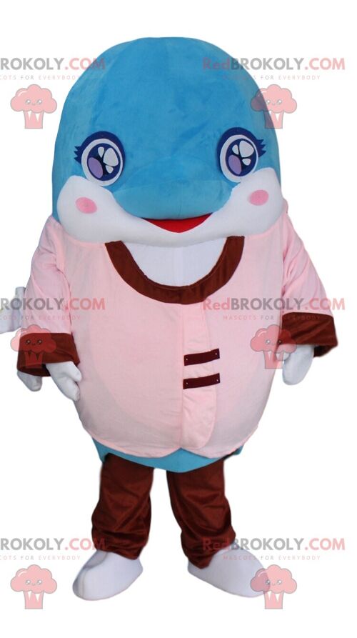 Blue and white dolphin REDBROKOLY mascot, giant fish costume / REDBROKO_010760