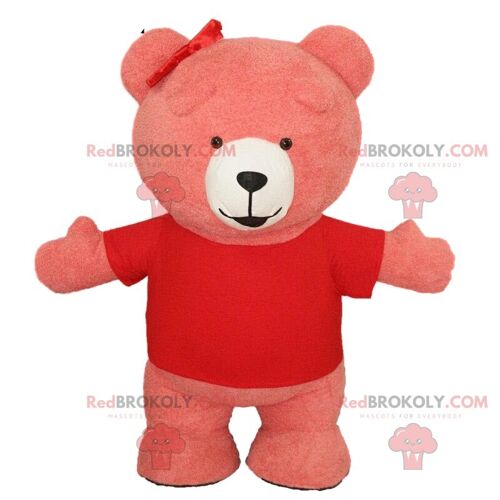 Pink and white teddy bear REDBROKOLY mascot, pink bear costume / REDBROKO_010821