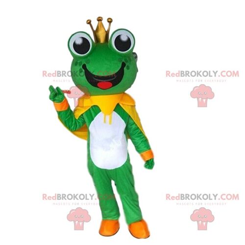 Green frog REDBROKOLY mascot with a crown and a polka dot dress / REDBROKO_010845