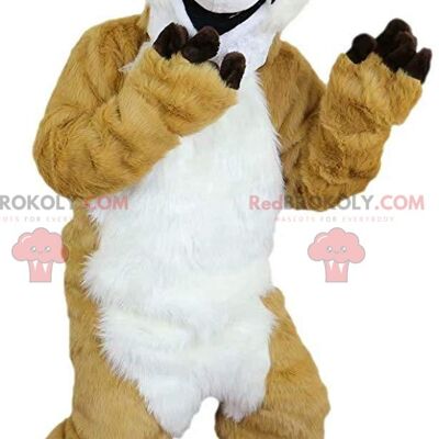 Beige saber-toothed tiger REDBROKOLY mascot in sportswear / REDBROKO_011459