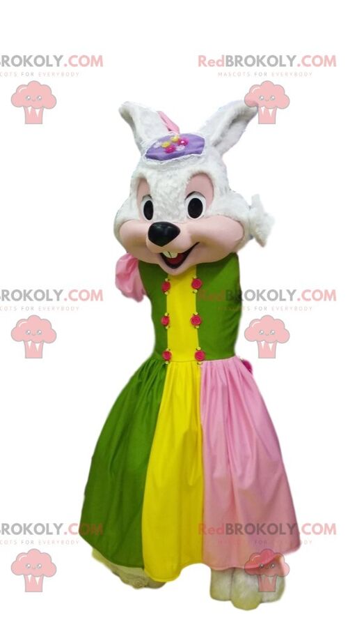 White rabbit REDBROKOLY mascot, in colorful evening dress / REDBROKO_011570