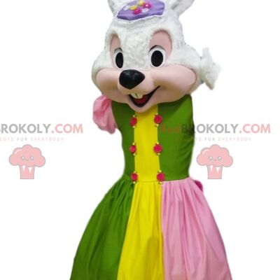 White rabbit REDBROKOLY mascot, in colorful evening dress / REDBROKO_011570